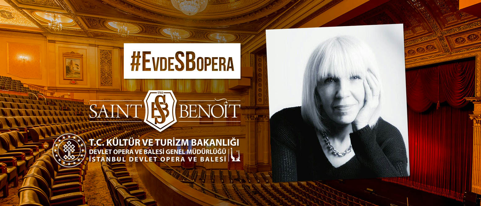 #EvdeSBOpera kapsamında düzenlenen etkinliğimizi duyuran, ve bir opera salonu fotoğrafından oluşan arkaplan üzerinde okulumuz ve T.C. Kültür ve Turizm Bakanlığı Devlet Opera ve Balesi Genel Müdürlüğü İstanbul Devlet Opera ve Balesi logoları ile katılımcı Beyhan Murphy'nin siyah beyaz bir portresi