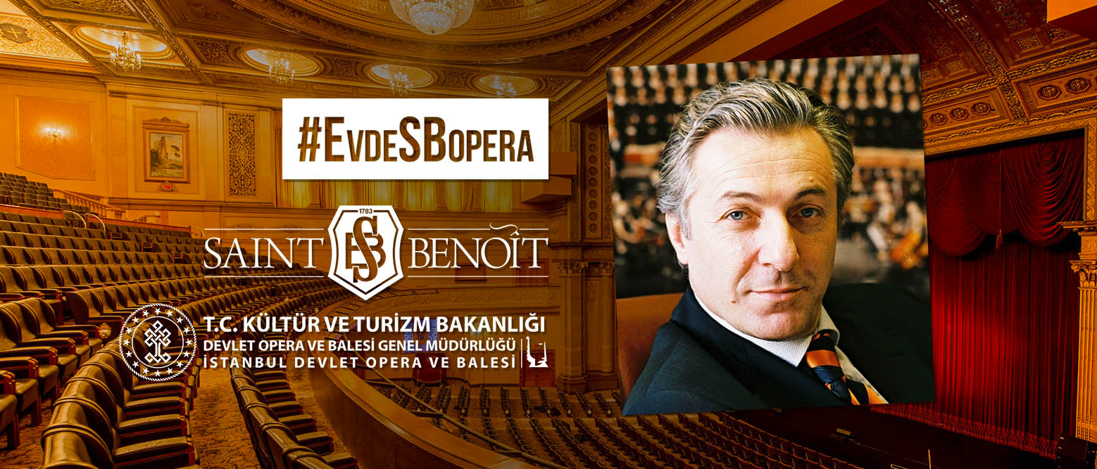 #EvdeSBOpera kapsamında düzenlenen etkinliğimizi duyuran, ve bir opera salonu fotoğrafından oluşan arkaplan üzerinde okulumuz ve T.C. Kültür ve Turizm Bakanlığı Devlet Opera ve Balesi Genel Müdürlüğü İstanbul Devlet Opera ve Balesi logoları ile katılımcı Suat Arıkan'ın bir portresi