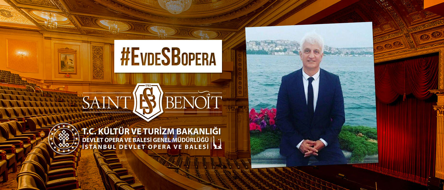 #EvdeSBOpera kapsamında düzenlenen etkinliğimizi duyuran, ve bir opera salonu fotoğrafından oluşan arkaplan üzerinde okulumuz ve T.C. Kültür ve Turizm Bakanlığı Devlet Opera ve Balesi Genel Müdürlüğü İstanbul Devlet Opera ve Balesi logoları ile katılımcı Serdar Kalmaz'ın bir portresi