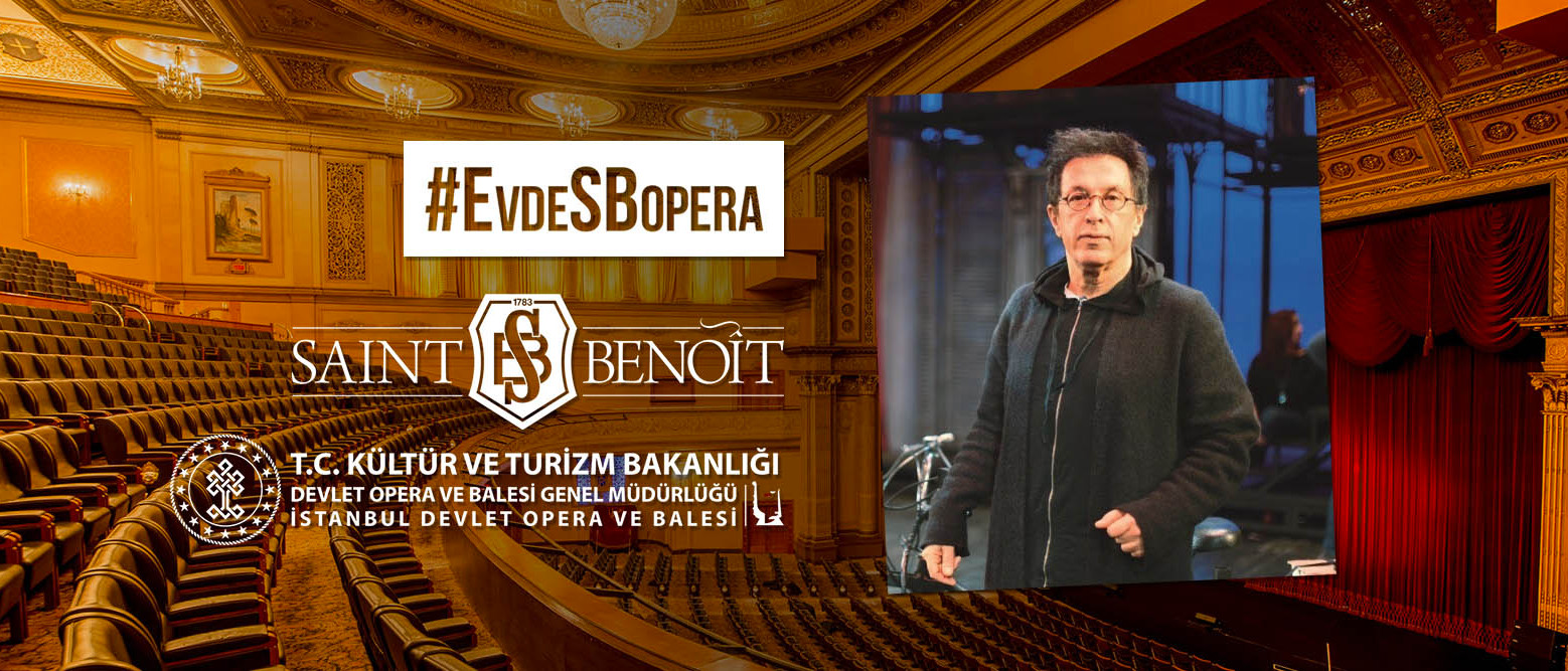 #EvdeSBOpera kapsamında düzenlenen etkinliğimizi duyuran, ve bir opera salonu fotoğrafından oluşan arkaplan üzerinde okulumuz ve T.C. Kültür ve Turizm Bakanlığı Devlet Opera ve Balesi Genel Müdürlüğü İstanbul Devlet Opera ve Balesi logoları ile katılımcı Recep Ayyılmaz'ın bir portresi