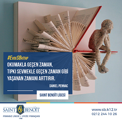 #EvdeSBKitap etkinliği tanıtım görseli, Daniel Pennac'ın "Okumakla geçen zaman, tıpkı sevmekle geçen zaman gibi yaşanan zamanı artırır" sözünü içeriyor.